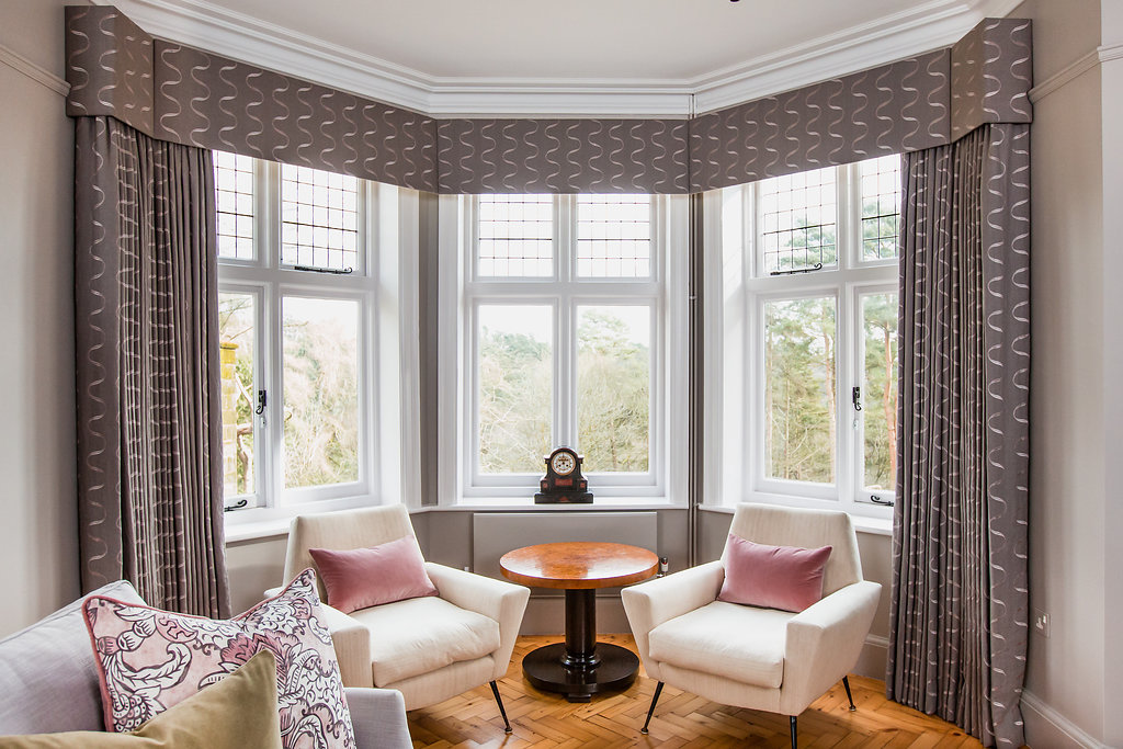 Bay window curtains and tailored pelmet