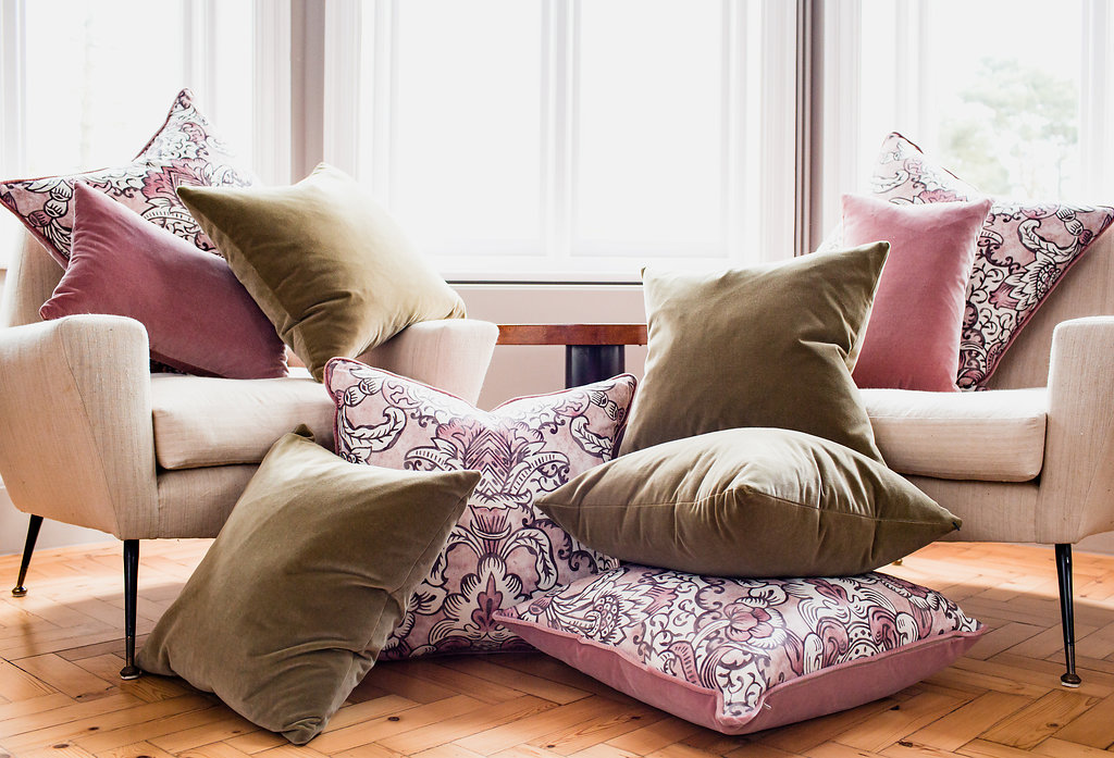 Bespoke cushions pink green in Lewis & Wood fabrics