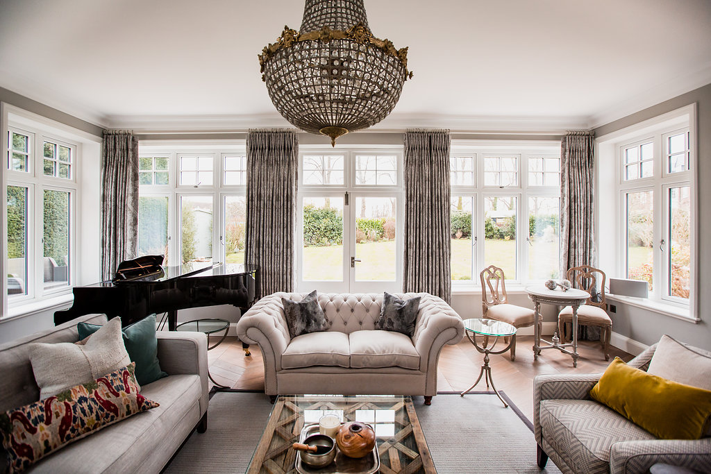 Full length interlined curtains in soft grey with metal grey pole