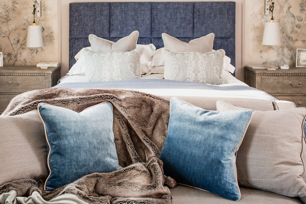 Godalming Master Bedroom soft furnishings : Bespoke velvet cushions made to order