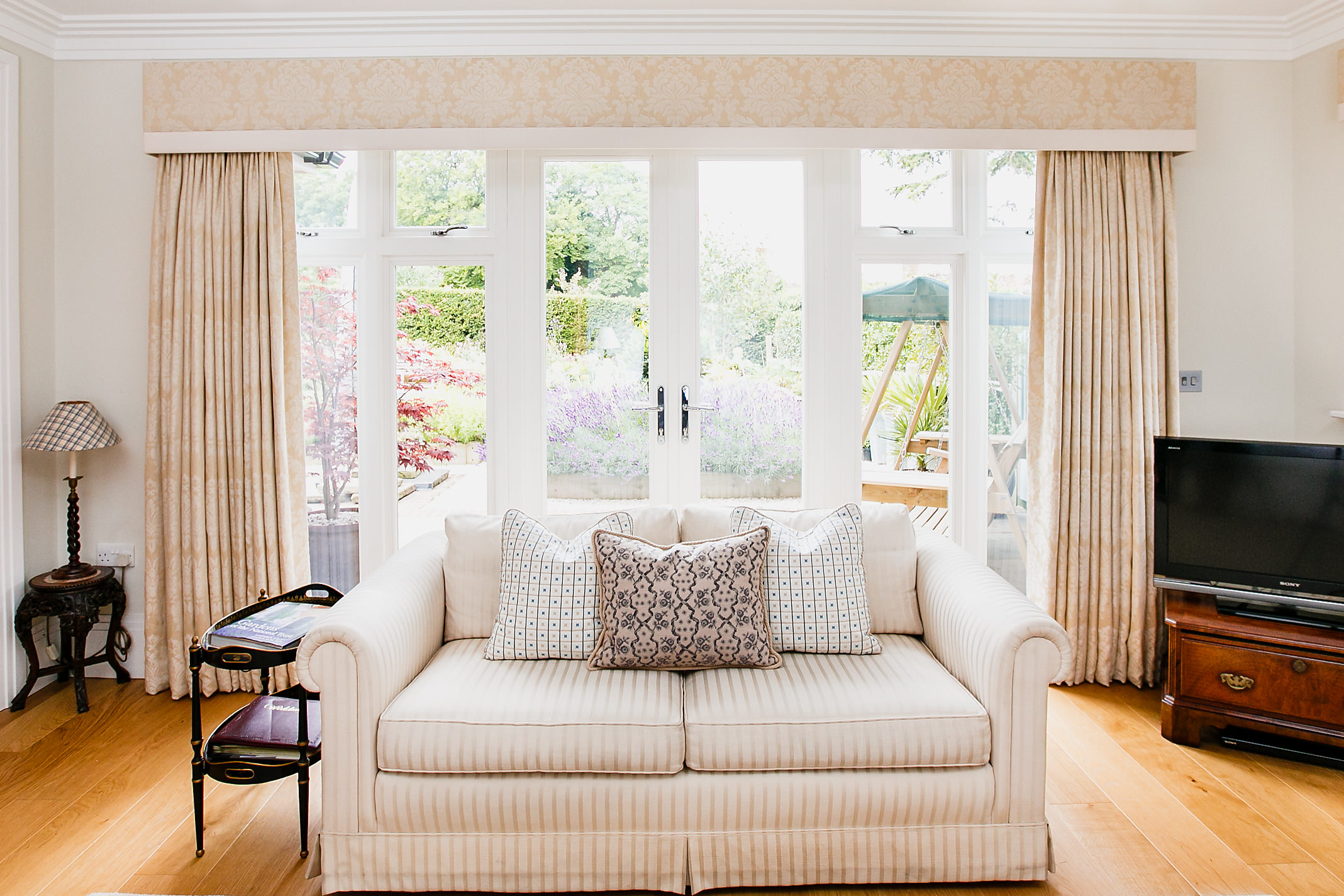 Guildford Living Room : Long curtains and pelmet in cream fabric