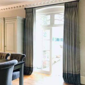 Full length interlined curtains in Ian Sanderson grey linen, fitted to a Bradley Collection pole Shamley Green Kitchen - full length made to measure curtains Ian Sanderson linen