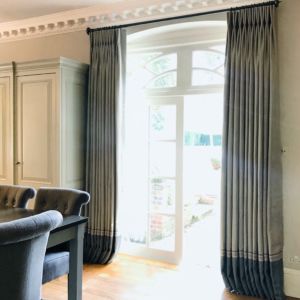 Full length interlined curtains in Ian Sanderson grey linen, fitted to a Bradley Collection pole Shamley Green Kitchen - full length made to measure curtains Ian Sanderson linen