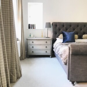 Godalming Master Bedroom curtains in a biscuit check textile